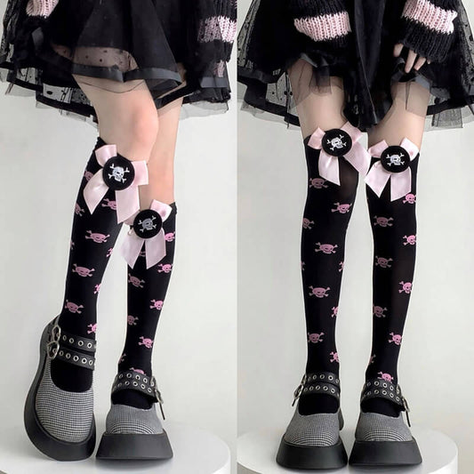 Harajuku lolita pink bow skull stockings C01002