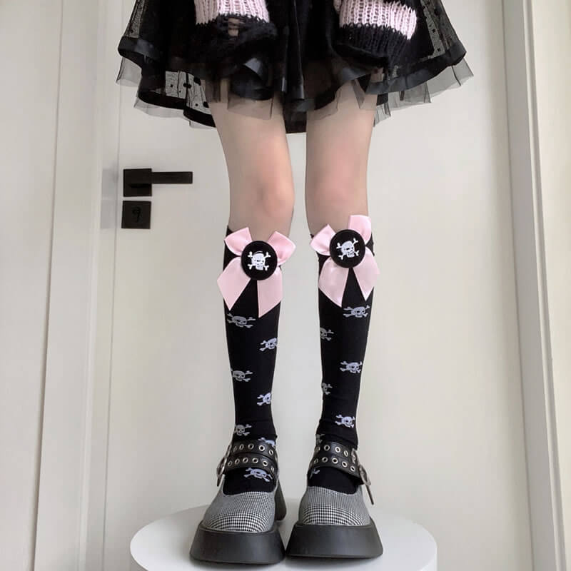Harajuku lolita pink bow skull stockings C01002