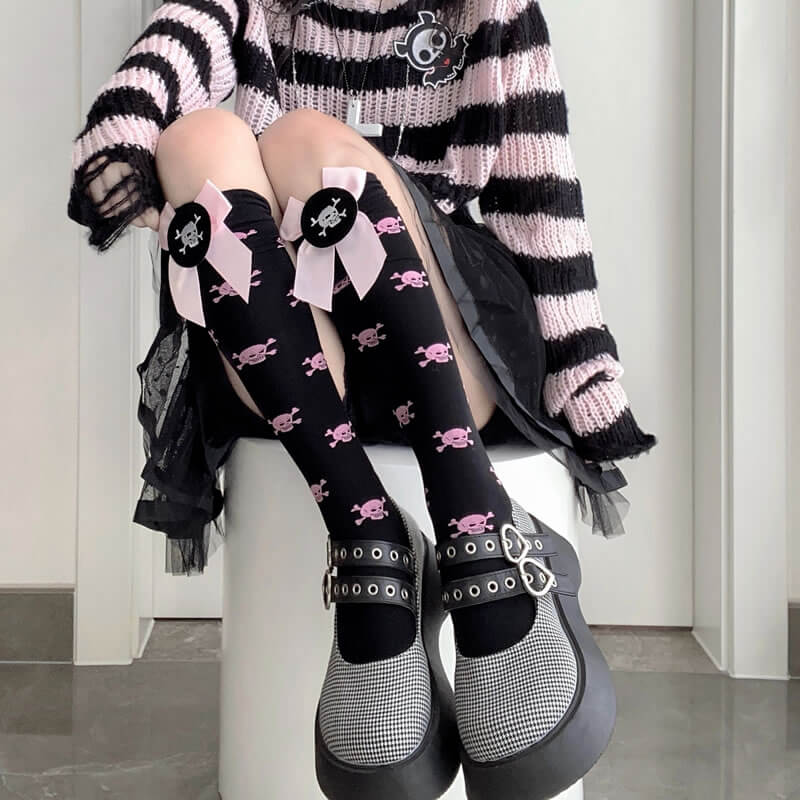 Harajuku lolita pink bow skull stockings C01002