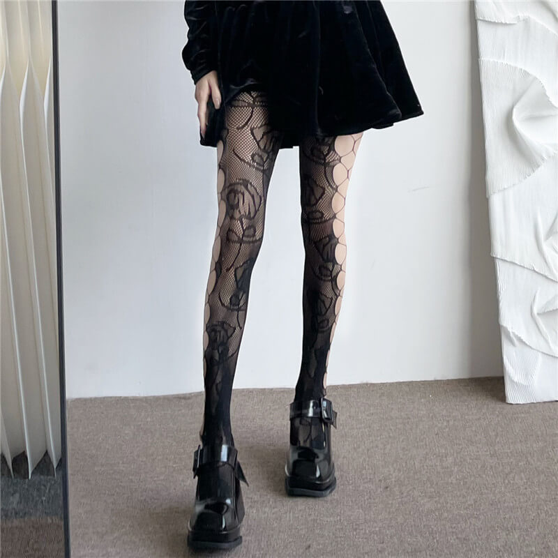 Hollow-out rose goth aesthetic fishnet tights c0040
