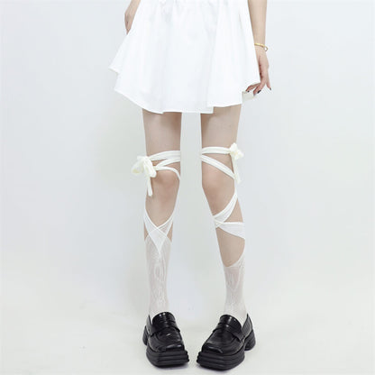 Irregular lace punk ribbon stockings c0077