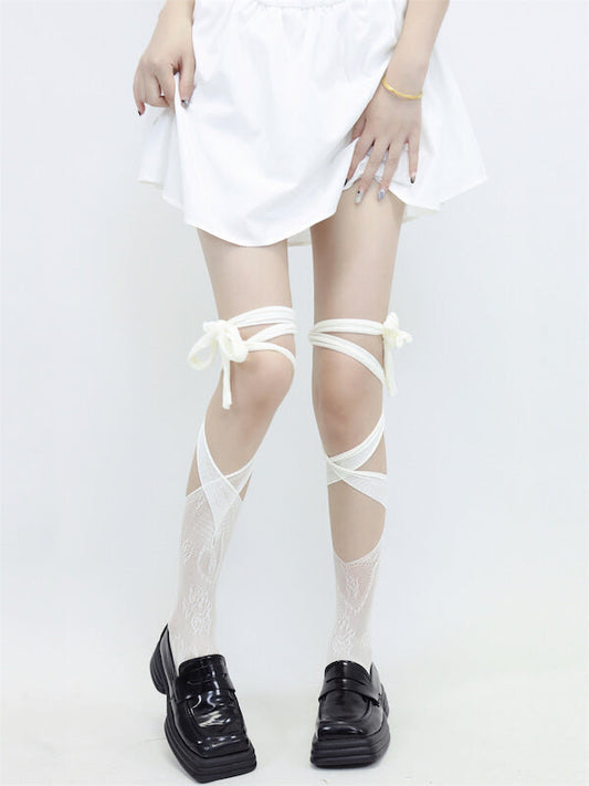 Irregular lace punk ribbon stockings c0077