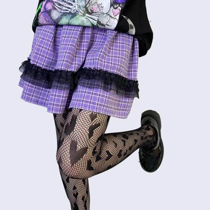 Kawaii purple plaid lace A-line skirt ah0070