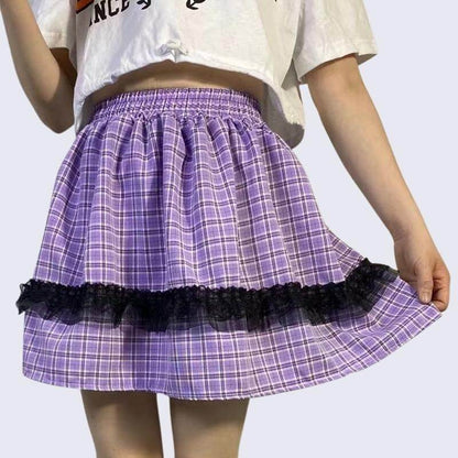 Kawaii purple plaid lace A-line skirt ah0070