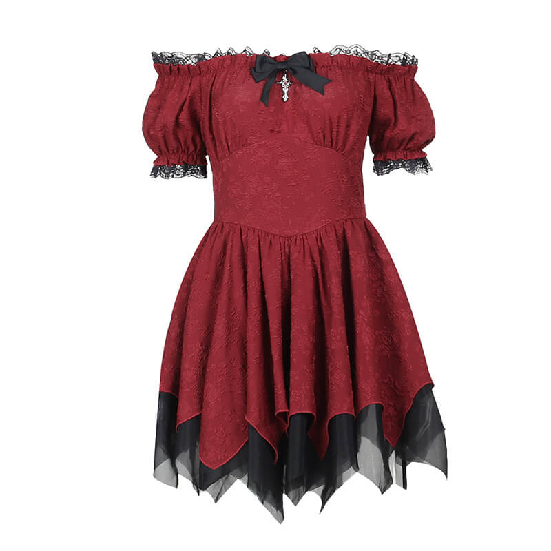 Off-shoulder puff red dress Goth dress
