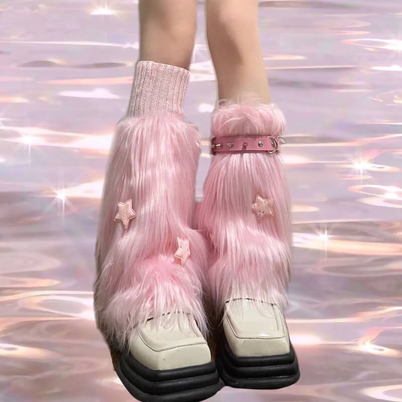 Pink combo furry y2k garter stars leg warmers c0178