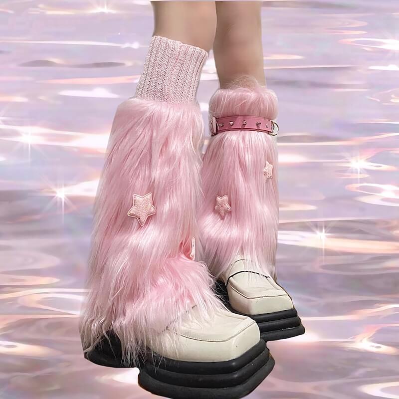 Pink combo furry y2k garter stars leg warmers c0178