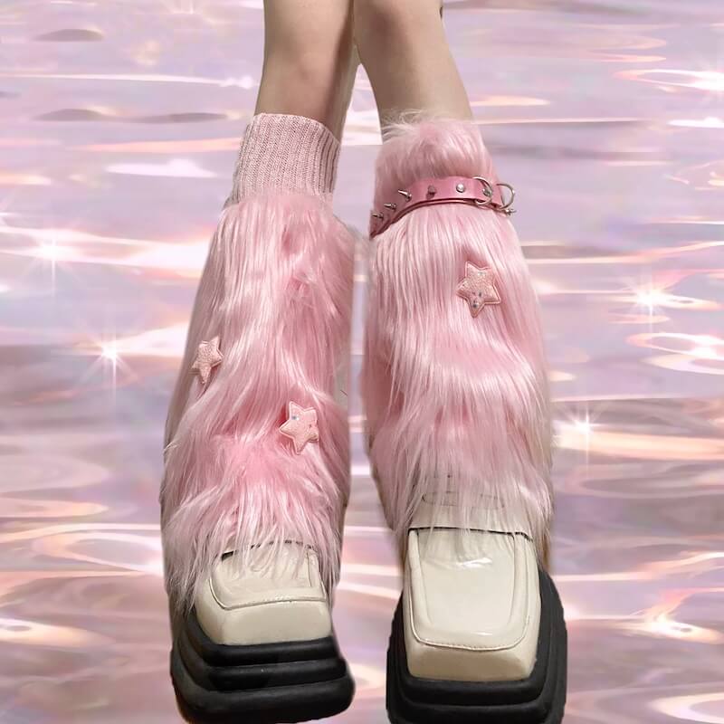 Pink combo furry y2k garter stars leg warmers c0178