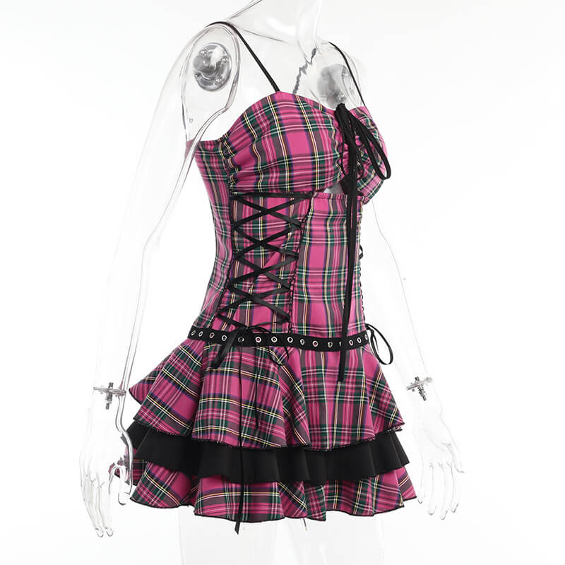 Pink doll y2k paid suspender layered dress ah0029