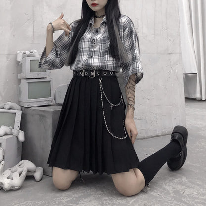 [Plus size] Gothic punk cross belt chain A-line pleated skirt C00625