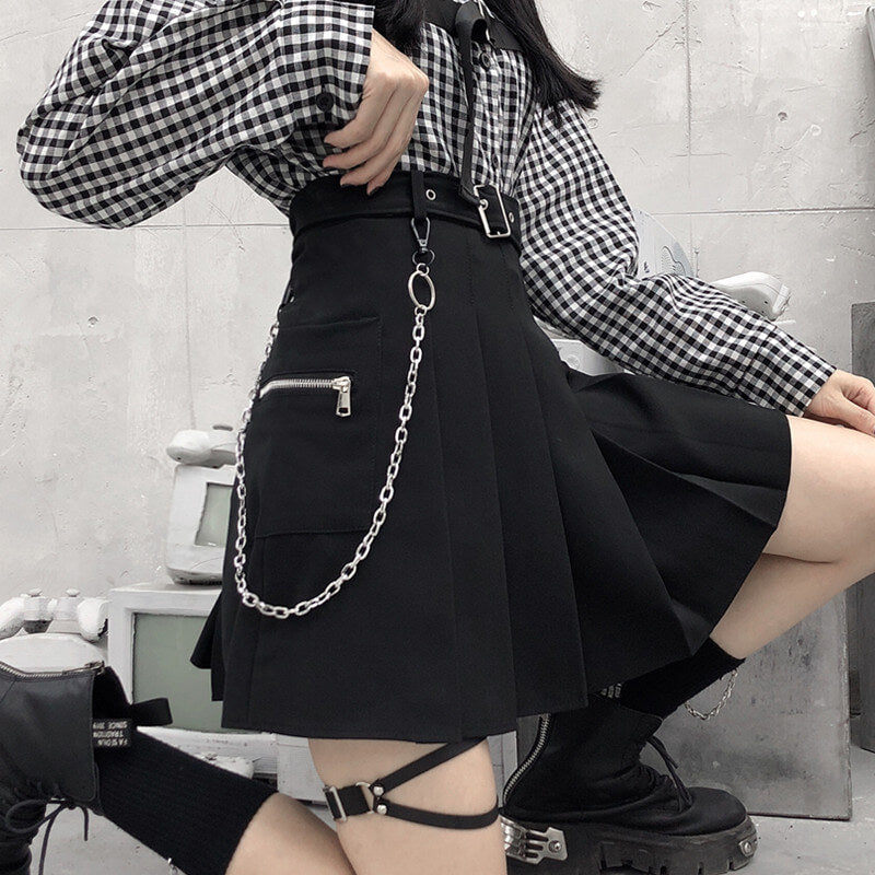 [Plus size] Punk goth chain zipper belt pleated skirt dm0012