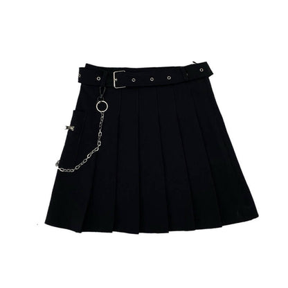 [Plus size] Punk goth chain zipper belt pleated skirt dm0012