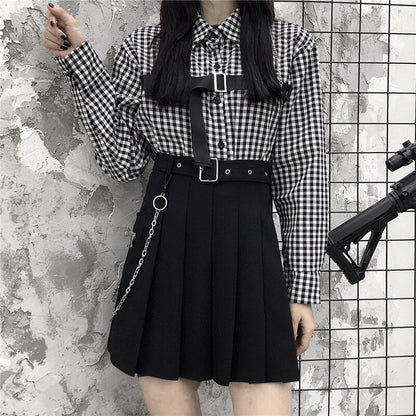 [Plus size] Punk goth chain zipper belt pleated skirt dm0012