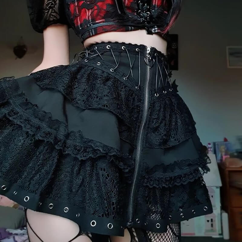 Punk girl zipper layered skirt