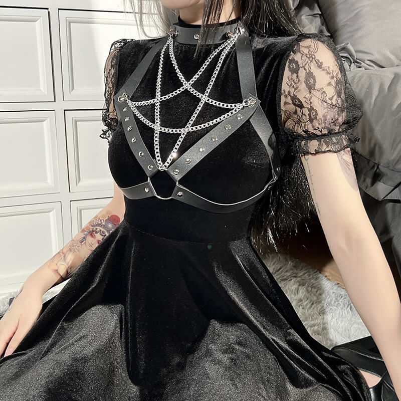 Punk goth princess lace puff sleeve velvet A-line dress ah0030