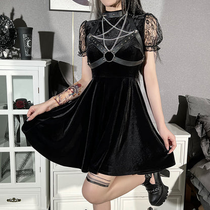 Punk goth princess lace puff sleeve velvet A-line dress ah0030