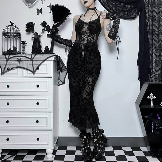 Sexy goth jacquard halter dress