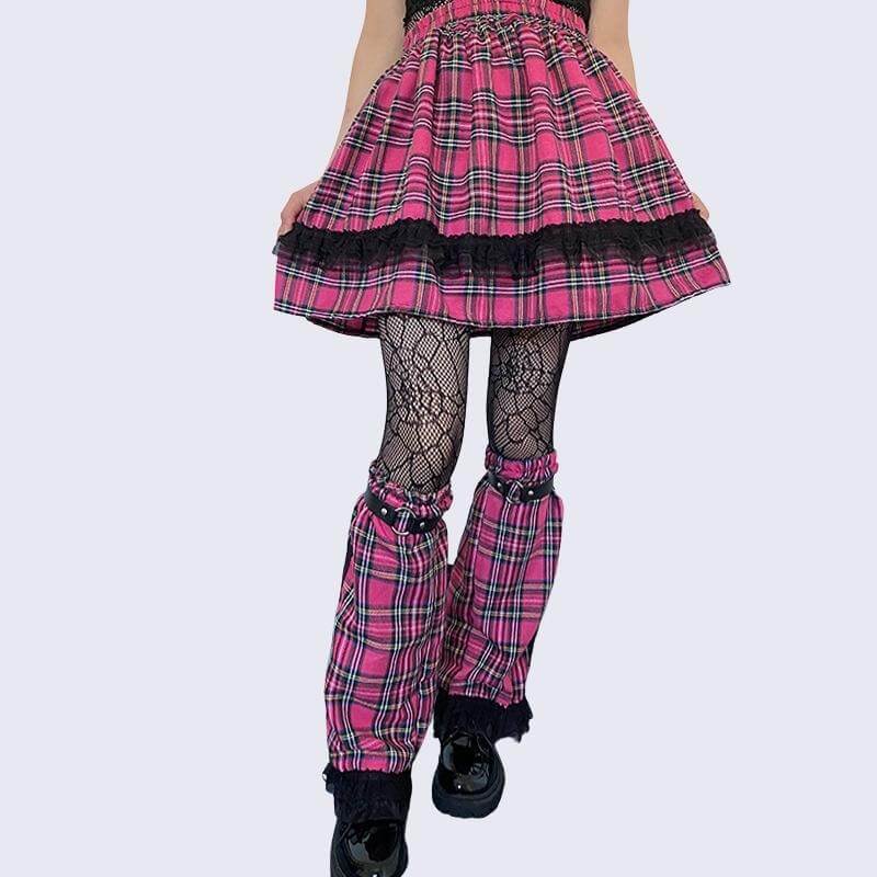 Y2k plaid lace gored skirts /leg warmers ah0069