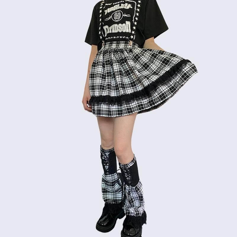 Y2k plaid lace gored skirts /leg warmers ah0069