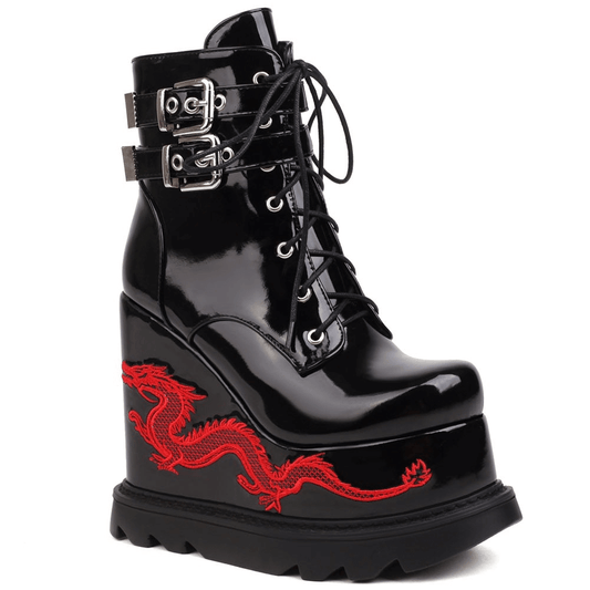 Fashion Buckles Dragon Embroider Wedges Boots / Women's High Heels Goth Ankle Boots