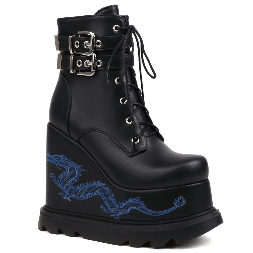 Fashion Buckles Dragon Embroider Wedges Boots / Women's High Heels Goth Ankle Boots