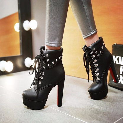 Fashion Rivets Lace Up Ankle Boots / Thick High Heels Women's Boots
