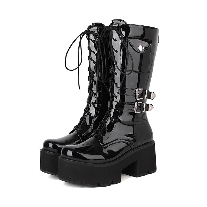 Fashion Warm Women Long Boots / Female Black Shoes of Mid-Calf with Lace-up