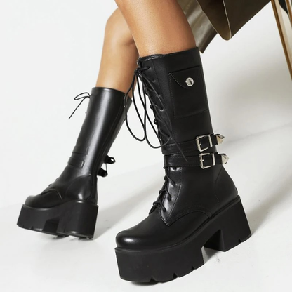 Fashion Warm Women Long Boots / Female Black Shoes of Mid-Calf with Lace-up