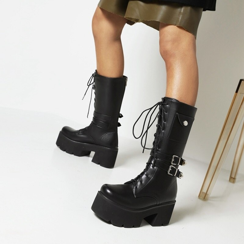 Fashion Warm Women Long Boots / Female Black Shoes of Mid-Calf with Lace-up