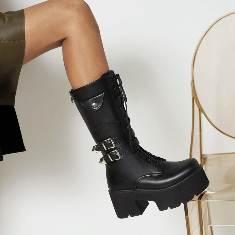 Fashion Warm Women Long Boots / Female Black Shoes of Mid-Calf with Lace-up