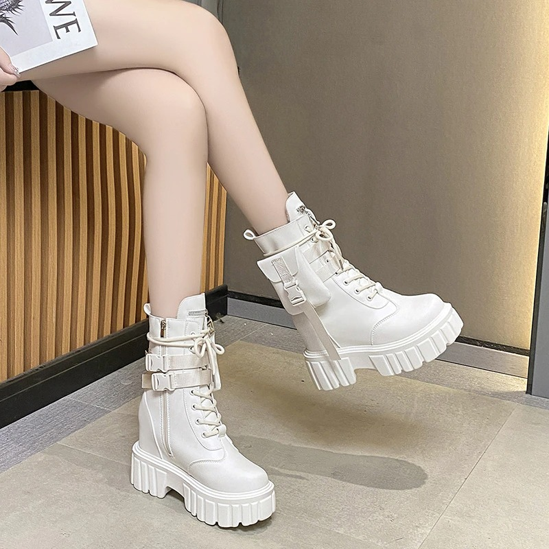 Fashion Women's PU Leather Boots / Comfortable Lace-Up Platform Shoes with Pocket