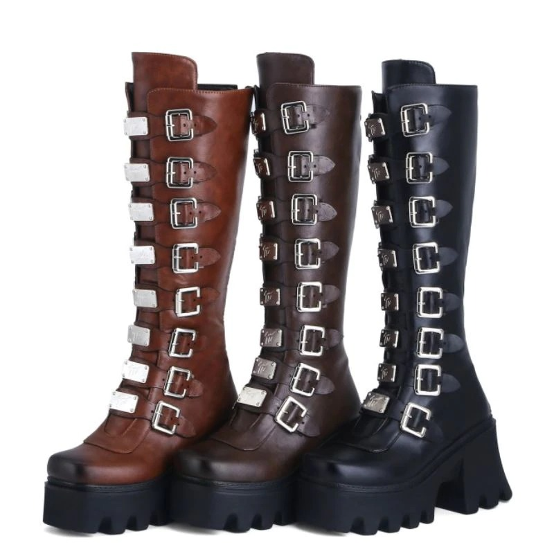 Fashion Women's Zipper High Boots with Buckles / Sexy Female Thick Platform Long Boots