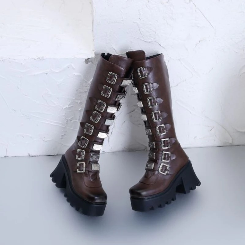 Fashion Women's Zipper High Boots with Buckles / Sexy Female Thick Platform Long Boots