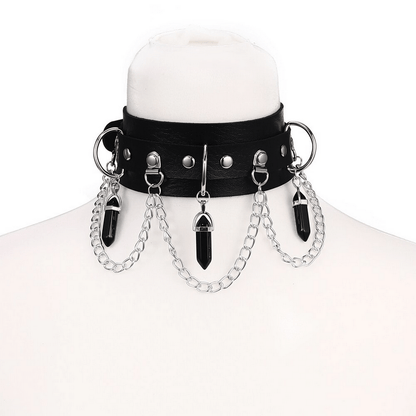 Faux Leather Rivet Choker with Hexagonal Stone Pendants and Chain / Goth Style Accessories for Women