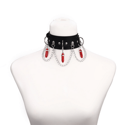 Faux Leather Rivet Choker with Hexagonal Stone Pendants and Chain / Goth Style Accessories for Women