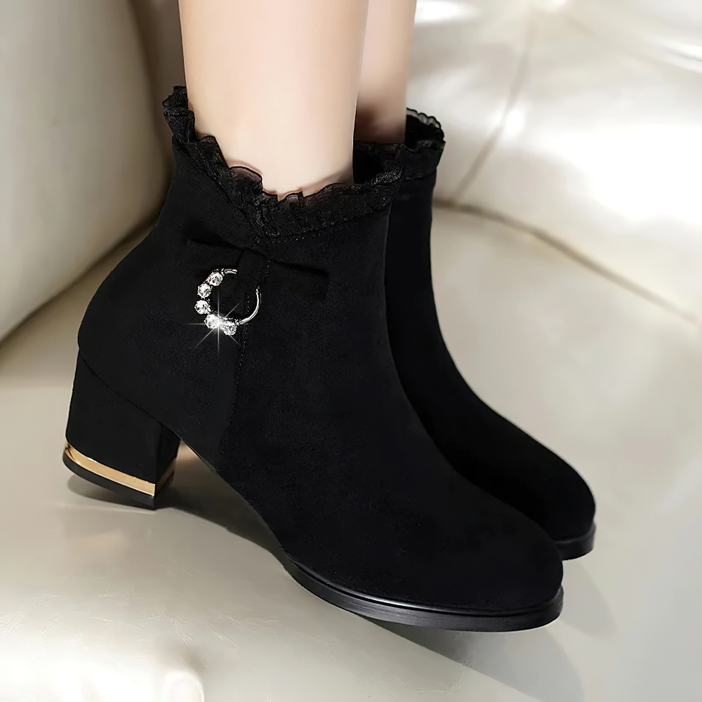 Female Designer Luxury Rhinestone Lace Ankle Boots / Women's Black Suede High Heels Shoes