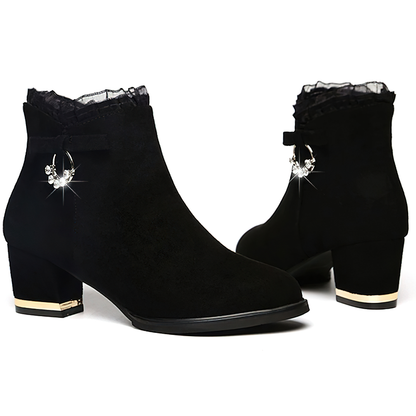 Female Designer Luxury Rhinestone Lace Ankle Boots / Women's Black Suede High Heels Shoes