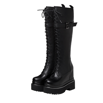 Female Knee-High Platform Boots In Goth Style / Lace-Up Chunky Women's Shoes With Metal Decoration