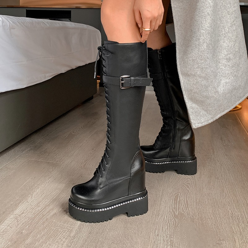 Female Knee-High Platform Boots In Goth Style / Lace-Up Chunky Women's Shoes With Metal Decoration