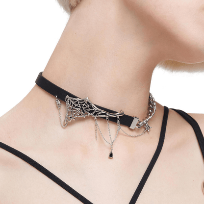 Female Leather Choker with Asymmetrical Spider Web / Gothic Black Choker with Silver Chain