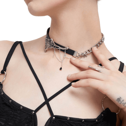 Female Leather Choker with Asymmetrical Spider Web / Gothic Black Choker with Silver Chain