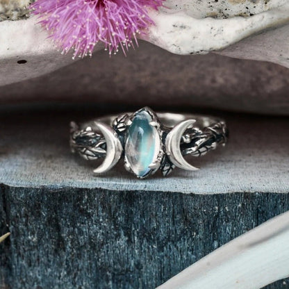 Moonstone triple moon wicca ring