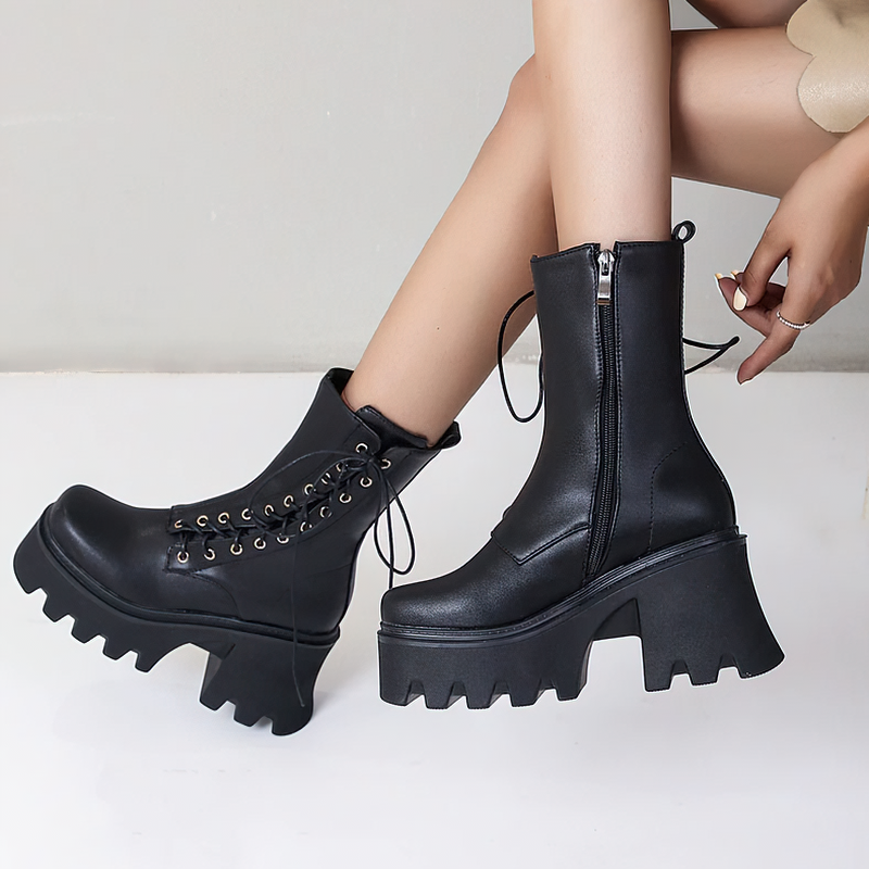 High Quality PU Leather Women's Boots with Lace Up in Side / Fashion Ankle Black Shoes