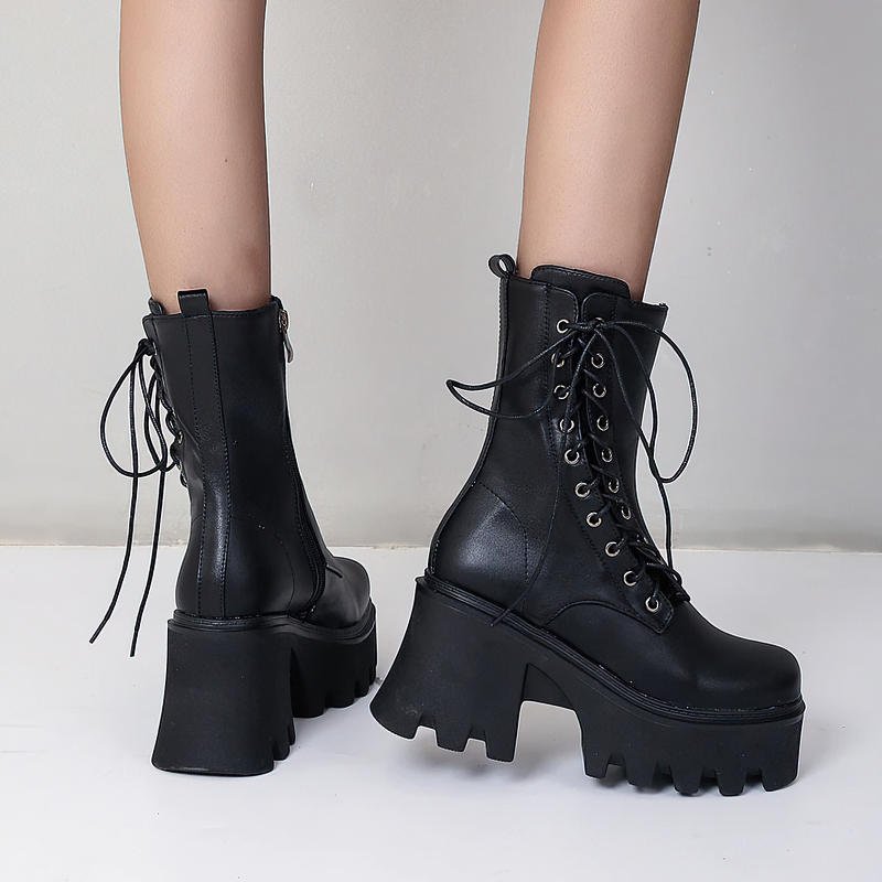 High Quality PU Leather Women's Boots with Lace Up in Side / Fashion Ankle Black Shoes