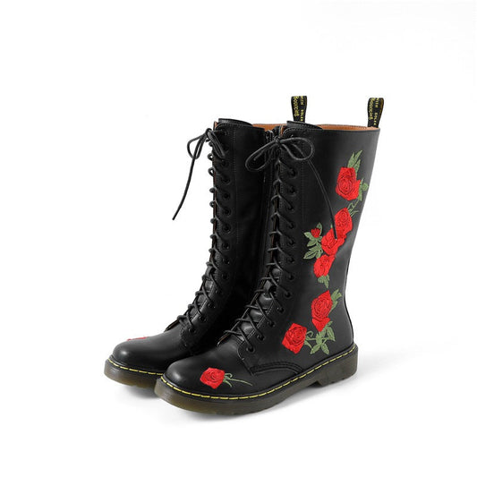 Genuine Leather Womens Boots with Flowers / Round Toe Zip Boots for Autumn and Winter