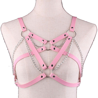 Goth Leather Body Harness with Metal Chain / Women Bra Top Chest Chain Belt / Gothic Witch Accessory