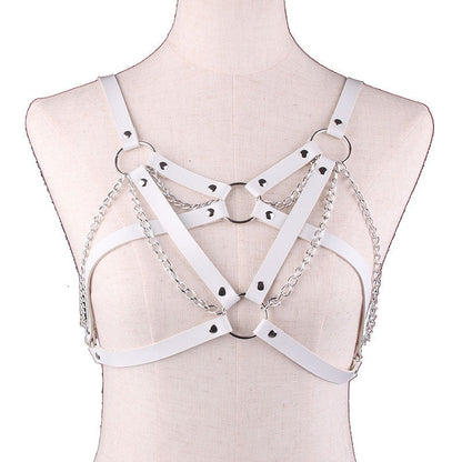 Goth Leather Body Harness with Metal Chain / Women Bra Top Chest Chain Belt / Gothic Witch Accessory
