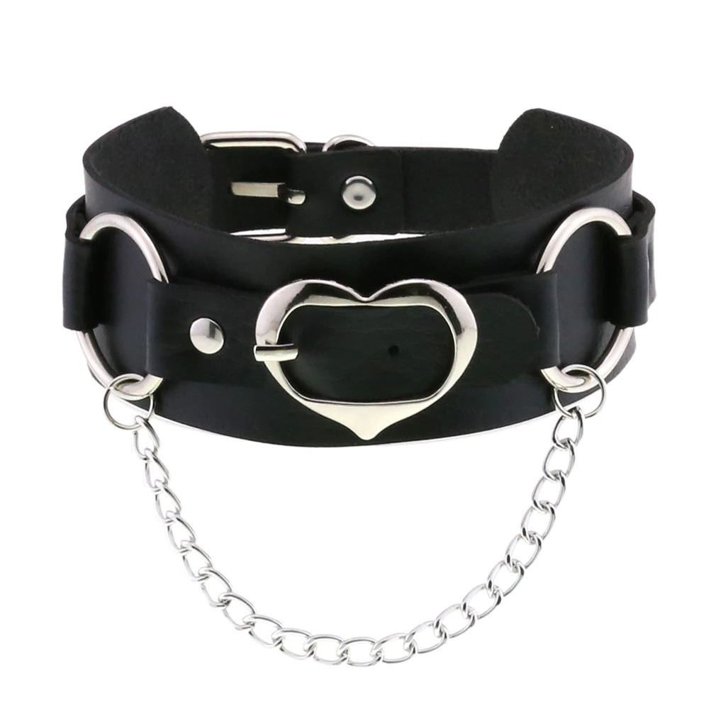 Goth Leather Heart Choker with Chain / Punk Adjustable Collar For Girl / Jewelry Accessories