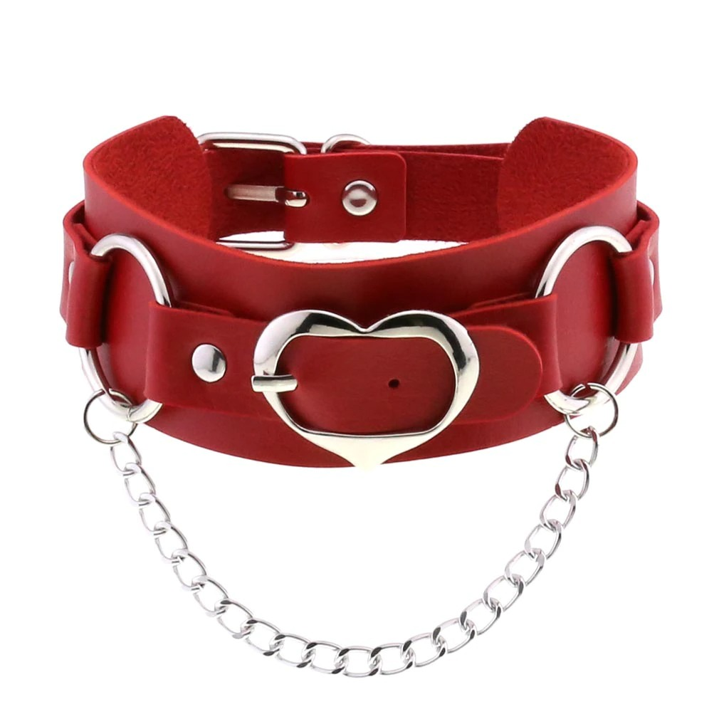 Goth Leather Heart Choker with Chain / Punk Adjustable Collar For Girl / Jewelry Accessories