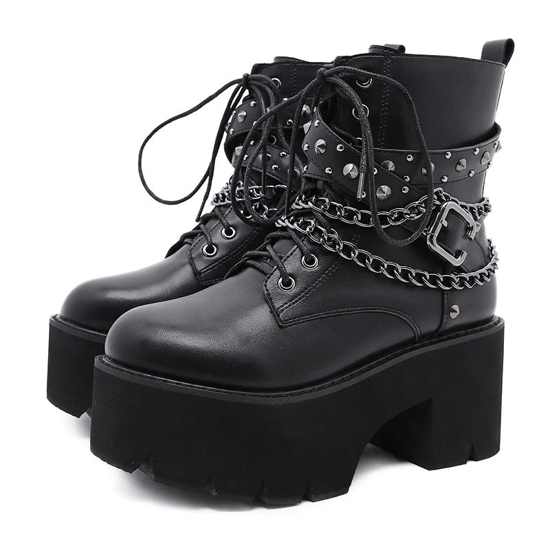 Gothic Ankle Boots For Women / Short Sexy Lady's High Heel Shoes With Lace-Up And Chain